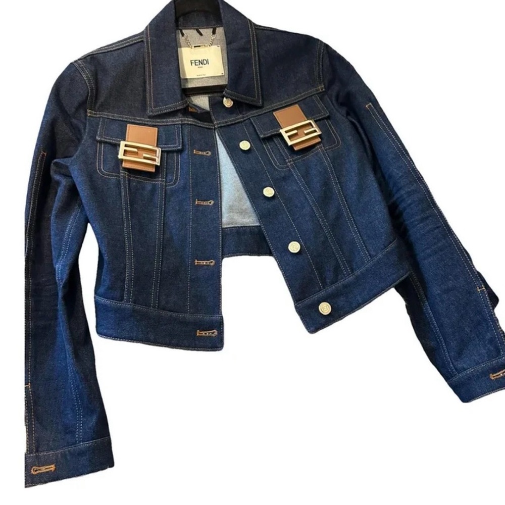 Fendi Denim Logo Jacket with Leather & Brass Details on the pockets